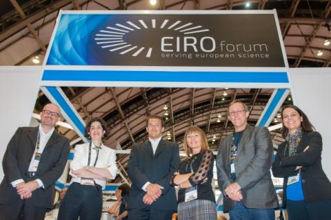 CERN Director General Fabiola Gianotti (second from left) visited the EIROforum stand dedicated to knowledge and technology transfer.