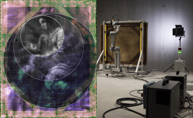 Left: Graphic combining energy spectra measured by RToo scanner (© InsightART, 2019); Right: RToo scanning the painting Madonna and Child (© Jiří Lauterkranc, 2019). (Image: CERN)